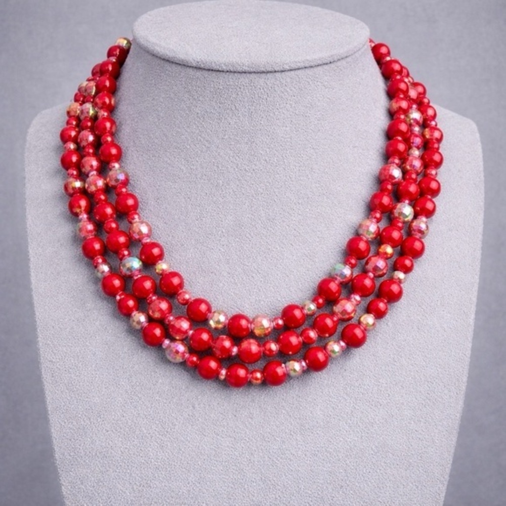 Premier Designs SCARLET Red Iridescent Long Beaded Necklace 60” NWOT #516